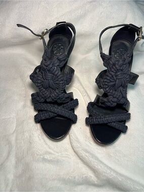 Tory Burch Black “Fleur” Macramé Heeled Sandals